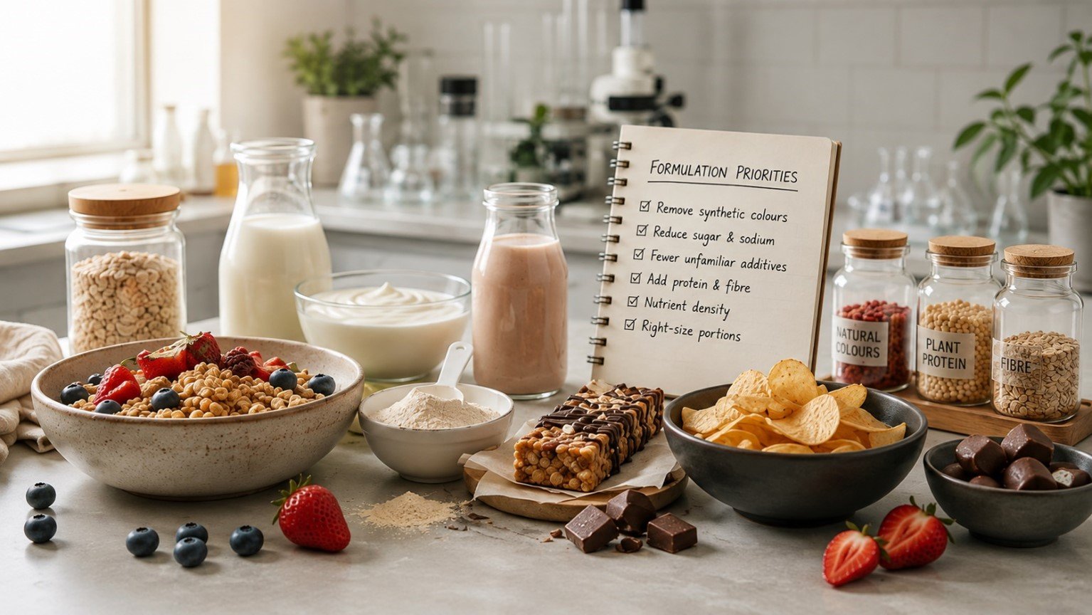 Food industry trends showing healthier reformulation, protein-rich products, cleaner labels, and changing consumer preferences